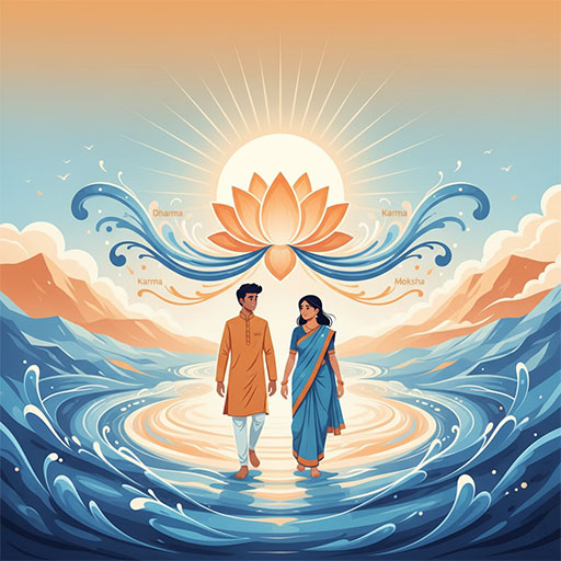 Indian man and woman walking on a glowing spiritual path symbolizing Dharma, Karma, and Moksha — modern Indian wisdom illustration.
