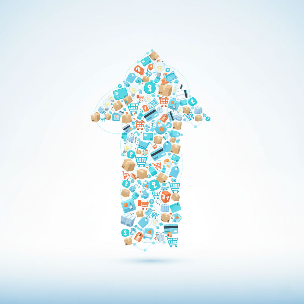 “ECommerce business success growth arrow with online sales icons”