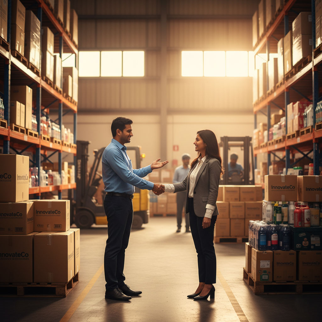 “Business owner shaking hands with reliable eCommerce supplier”