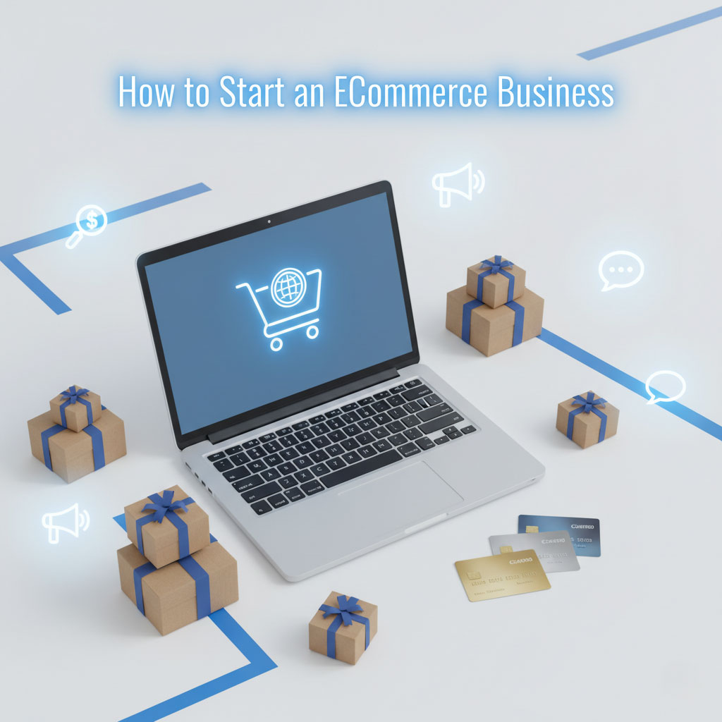 How to start an eCommerce business – startup concept with laptop, shopping cart, and packages